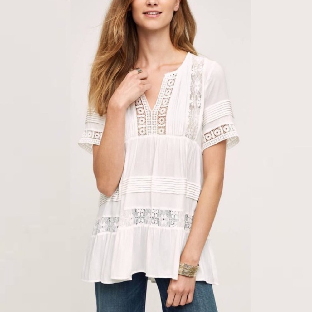 Anthropologie White Lace-Trim Peasant Top
